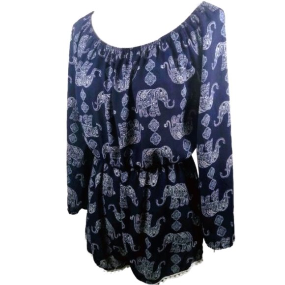 Jesse & J Blue Off-the-Shoulder Boho Elephant Print Short Romper - Picture 1 of 6
